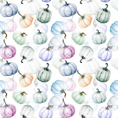 Pastel pumpkins background, Seamless Fall pattern on white background, Autumn watercolor pumpkins wallpaper, Cute harvest texture, Ideal for fabric, textile, wrapping, scrapbooking