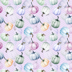 Pastel pumpkins background, Seamless Fall pattern on pink background, Autumn watercolor pumpkins wallpaper, Cute harvest texture, Ideal for fabric, textile, wrapping, scrapbooking
