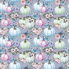 Pastel pumpkins and roses background, Seamless Fall pattern, Floral composition, Autumn watercolor pumpkins and flowers wallpaper, Cute harvest texture, For fabric, textile, wrapping, scrapbooking