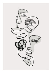 Modern female face, eyes, lips in one line drawing on doodle background