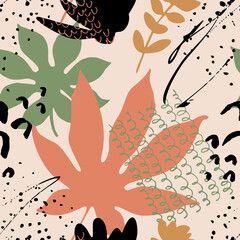 Hand drawn grunge textures, tropical leaves seamless pattern