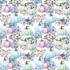 Pastel pumpkins and roses pattern, Repeat Fall background, Floral composition, Autumn watercolor pumpkins and flowers wallpaper, Cute harvest texture, For fabric, textile, wrapping, scrapbooking