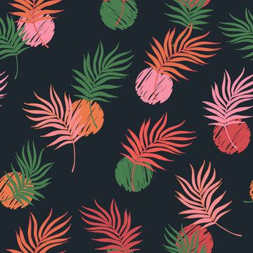 Bright palm leaf line art seamless pattern on scribble minimal polka dot background