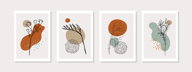 Botanical wall art vector set with abstract geometric shapes, meadow foliage line art drawing, minimal doodles