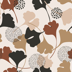 Abstract autumn foliage seamless pattern with natural leaf silhouettes, geometric shapes in minimal memphis style