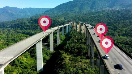 Aerial city with cars with GPS location icon. GPS tracking analytics. Positioning marker. Digital transformation. Smart city. Future city.