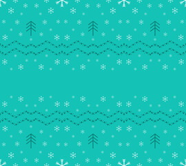 Fototapeta na wymiar turquoise Christmas minimal seamless background decorated with white zigzag lines simple tree and snowflakes. design for wallpaper, fabric, web banner background, wrapping paper. vector illustration 