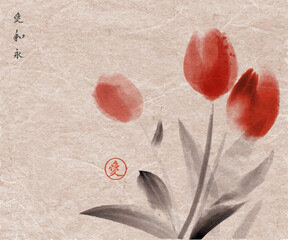 Ink painting with red tulips on vintage background. Traditional oriental ink painting sumi-e, u-sin, go-hua. Translation of hieroglyphs - eternal harmony and love
