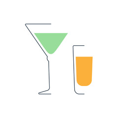 Martini and rum glass in minimalist linear style. Contour of glassware on left side in form of fine black line. Drink is depicted in form of shape with colored fill. Isolated image on white backdrop