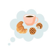 Hot drink Cup of cocoa or coffee with delicious croissant and chocolate cookies on speach bubble. Traditional breakfast Food vector illustration in flat style for cafe sign, menu.