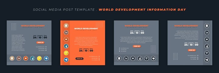 Set of social media post template with information technology icons. World Development information day template design.