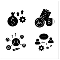 Business glyph icons set. New startup, agreements. Networking and communication.Business idea concept. Filled flat signs. Isolated silhouette vector illustrations