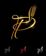 Golden Wheat and Grain Monogram Initial Letter P