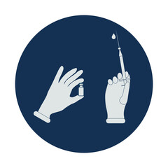 Medical icon of doctor's hands in gloves holding a syringe and ampoule with medicine. Vector.