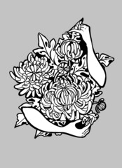 Sketch of tattoo with hands and dahlia flowers on a gray background in black color