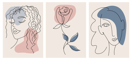 Set of creative hand painted one line abstract shapes. Minimalistic vector icons: female portrait, curly, rose. For postcard, poster, placard, brochure, cover design, web.