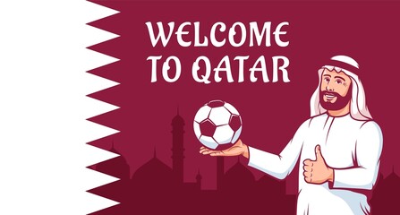 Middle eastern football. Arab man with soccer ball on Qatar flag background. Football world championship in Qatar. Vector illustration.