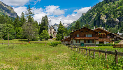 Idyllic summer view at Gressoney-Saint-Jean with the Monterosa in the background. In the Lys Valley. Aosta Valley, northern Italy.