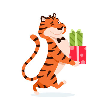 Cute cartoon tiger with Christmas presents isolated on white background. Adorable winking holiday orange striped wildcat. Smiling Chinese New Year 2022 symbol Xmas animal character vector illustration