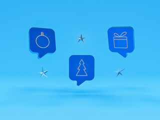 Speech bubbles with New Year ornaments and decorative stars are on a blue background. The concept of communication in messengers and social networks, preparation for Christmas and New Year. 3d render.