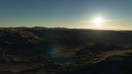 realistic surface of an alien planet, view from the surface of an exo-planet 3d illustration