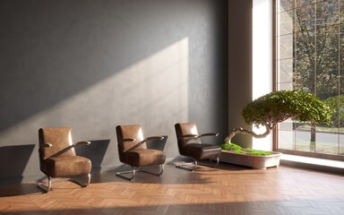 Living room interior with armchair and flower, concrete wall mock up background, 3D illustration, cg render