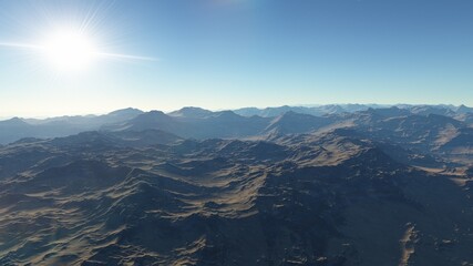 realistic surface of an alien planet, view from the surface of an exo-planet 3d illustration