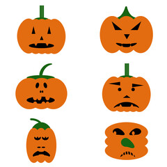 Set of decorative pumpkins for Halloween. Monsters faces on  pumpkin. Vector illustration for design for holiday.