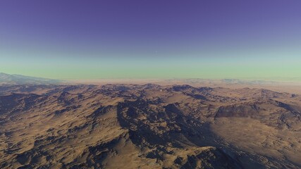Fototapeta na wymiar realistic surface of an alien planet, view from the surface of an exo-planet 3d illustration