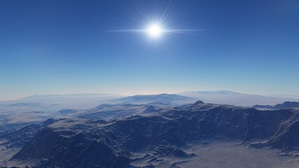 realistic surface of an alien planet, view from the surface of an exo-planet 3d illustration