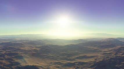 realistic surface of an alien planet, view from the surface of an exo-planet 3d illustration