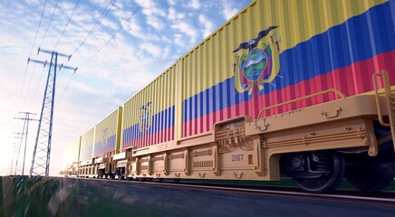 Ecuadorian exports. Freight train with loaded containers in motion. 