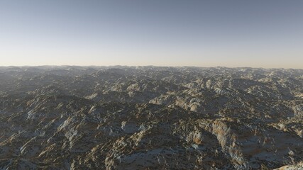 realistic surface of an alien planet, view from the surface of an exo-planet 3d illustration