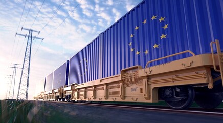 European Union exports. Freight train with loaded containers in motion. 