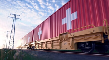Swiss exports. Freight train with loaded containers in motion. 