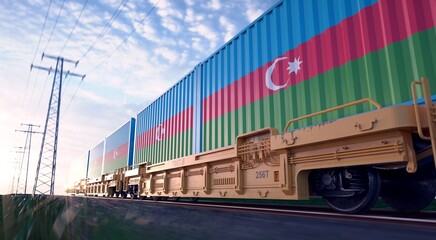 Azerbaijani exports. Freight train with loaded containers in motion. 