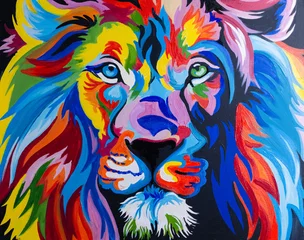 Wandcirkels plexiglas colorful picture of a portrait of an adult lion in close-up © Oleksij