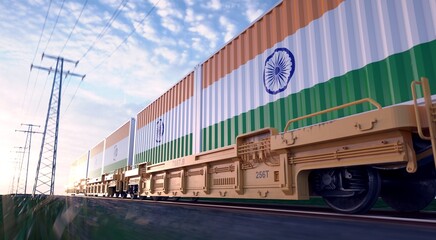 Indian exports. Freight train with loaded containers in motion. 