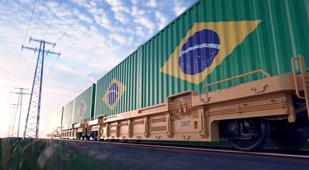 Brazilian exports. Freight train with loaded containers in motion.  - obrazy, fototapety, plakaty