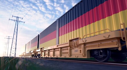 German exports. Freight train with loaded containers in motion. 