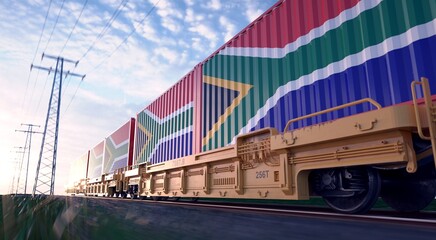 South African exports. Freight train with loaded containers in motion. 