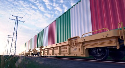 Italian exports. Freight train with loaded containers in motion.  - obrazy, fototapety, plakaty