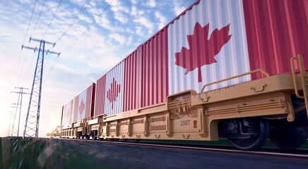 Canadian exports. Freight train with loaded containers in motion. 