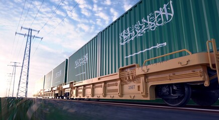 Saudi exports. Freight train with loaded containers in motion. 