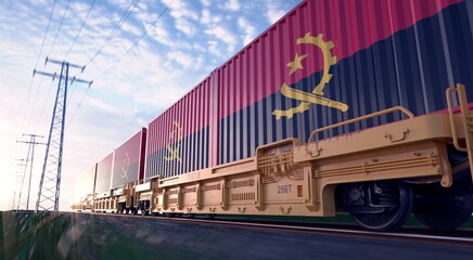 Angolan exports. Freight train with loaded containers in motion. 