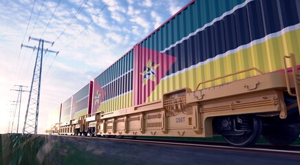 Mozambican exports. Freight train with loaded containers in motion. 