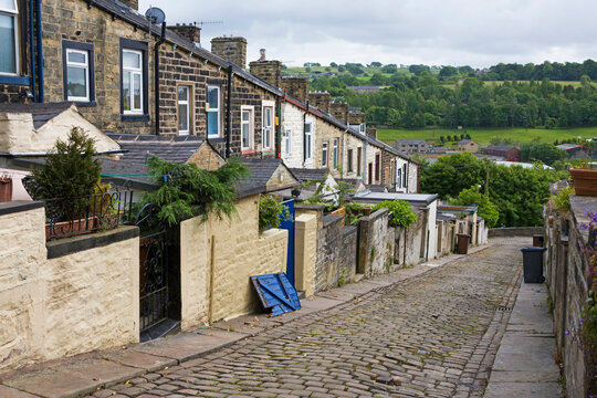 A steep terrace of traditional 19th century millworkers' cottages, seen from the back lane between Basil Street and Colne Lane: Colne, Lancashire, UK