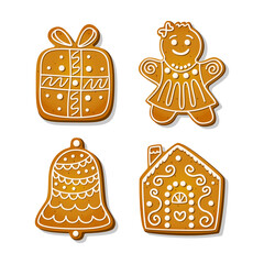 Christmas gingerbread cookies. Festive biscuits in shape of house and gingerbread woman, bell and gift box. Cartoon Vector illustration