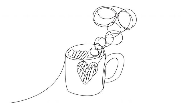 Self-drawing of a cup with a heart in one line on a white background. Animation of hot tea with steam. Cozy autumn pastime. stock footage with drink for whiteboard presentation, love clip.