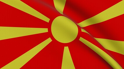 Flag of North Macedonia. Close-up of a flag flying in the wind. 3D rendering 